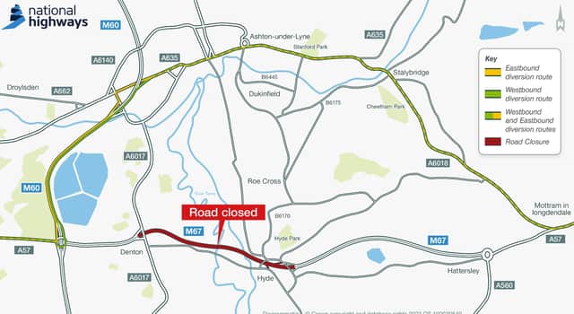 The M67 closure map explaining the diversions for the two weekend closures