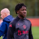 Kobbie Mainoo in action during a first team training session during ahead of the Porto clash