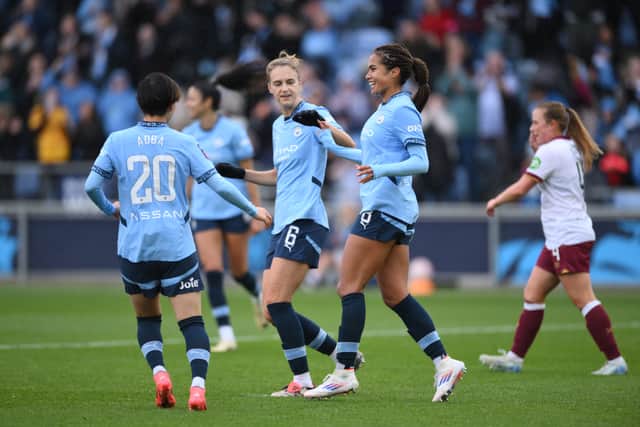 Mary Fowler celebrates scoring Manchester City's second goal in their win against West Ham.