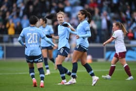 Mary Fowler celebrates scoring Manchester City's second goal in their win against West Ham. 
