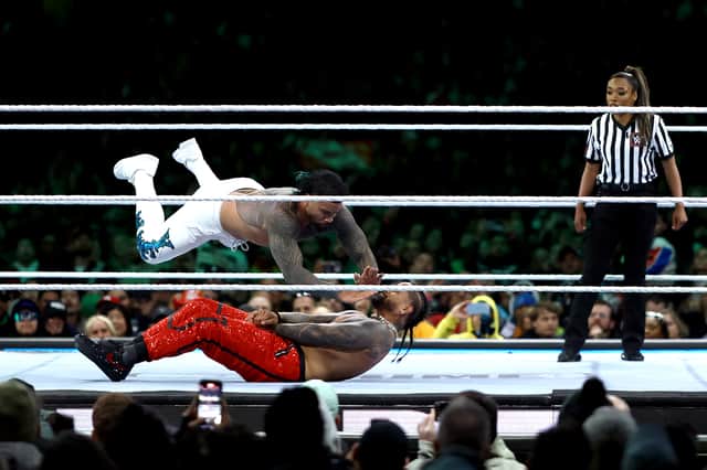 Jey Uso (white) in action against brother Jimmy as Wrestlemania 40 back in April.