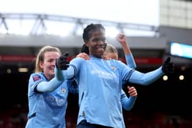 Bunny Shaw celebrates scoring Manchester City's second goal at Liverpool. 