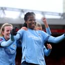 Bunny Shaw celebrates scoring Manchester City's second goal at Liverpool. 