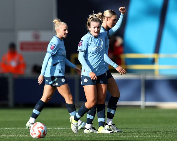 Lauren Hemp celebrates her goal for Manchester City in their win against Aston Villa. 