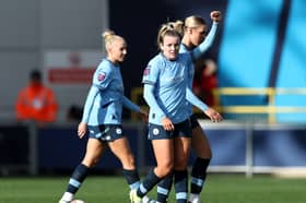 Lauren Hemp celebrates her goal for Manchester City in their win against Aston Villa. 