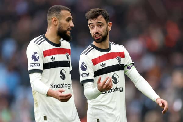 Noussair Mazraoui and Bruno Fernandes of Manchester United