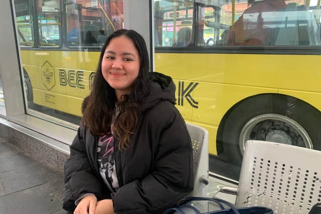 Jennifer Ocampo, 21, at Oldham bus station. Image: LDRS. Free for partner use.