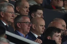Former interim CEO Patrick Stewart of Manchester United watches from the director's box