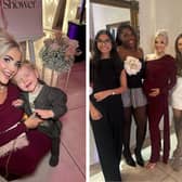 L: Lucy Fallon with her son Sonny. R: Lucy with four of her Coronation Street colleagues