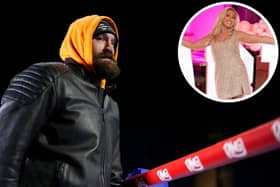 Tyson Fury (pictured at a warm-up for his Usyk match) says he has not spoken to wife Paris in 3 months. Credit: PA and Instagram
