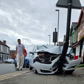 Shocking footage shows the moment a pedestrian was thrown into the air by an out on control car in a hit and run. 
