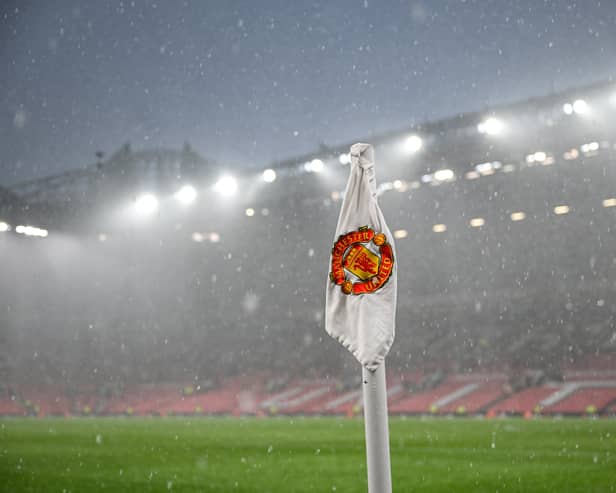 A general view of a corner flag during a hail storm during the Premier League match between Manchester United and Arsenal FC at Old Trafford on May 12, 2024 in Manchester, England.