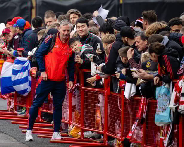 Assistant manager Rene Hake of Manchester United arrives ahead of the Premier League match between Manchester United FC and Brentford FC at Old Trafford on October 19, 2024 in Manchester, England.