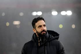 Ruben Amorim, Manager of Manchester United, looks on prior to kick-off ahead of the Premier League match between Liverpool FC and Manchester United FC at Anfield on January 05, 2025 in Liverpool, England.