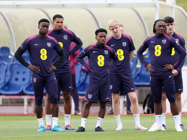 Angel Gomes, centre front, looks on during a training session at St Georges Park on September 04, 2024 in Burton-upon-Trent, England