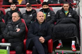 Arne Slot, Manager of Liverpool, looks on prior to  the Premier League match between Brentford FC and Liverpool FC at Gtech Community Stadium on January 18, 2025 in Brentford, England. (Photo by Liverpool FC/Liverpool FC via Getty Images)