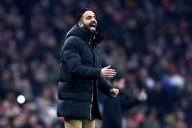 Manchester United's Portuguese head coach Ruben Amorim shouts instructions to the players from the touchline during the English FA Cup third round football match between Arsenal and Manchester United at the Emirates Stadium in London on January 12, 2025