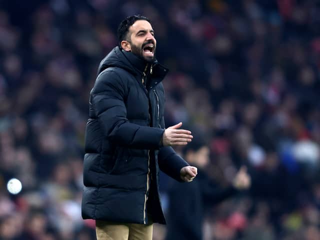 Manchester United's Portuguese head coach Ruben Amorim shouts instructions to the players from the touchline during the English FA Cup third round football match between Arsenal and Manchester United at the Emirates Stadium in London on January 12, 2025