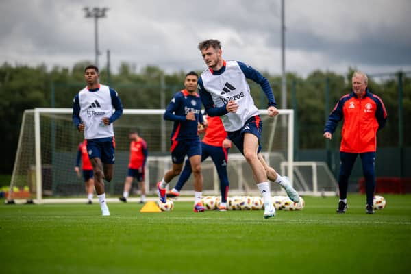 Joe Hugill of Manchester United in action during a pre-season training session at Carrington Training Ground on July 22, 2024 in Manchester, England.