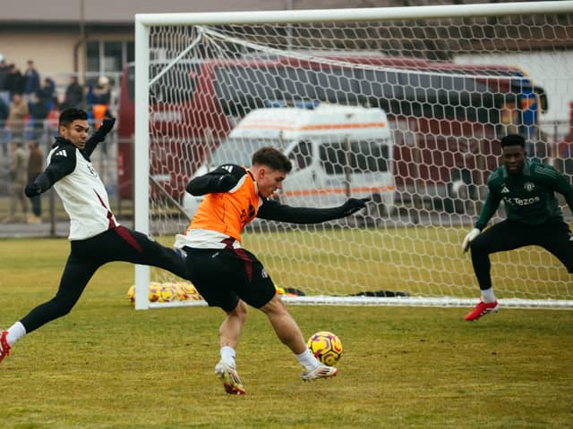 Casemiro, of Manchester United in action during a first team training session at Steaua Stadium on January 31, 2025 in Bucharest, Romania