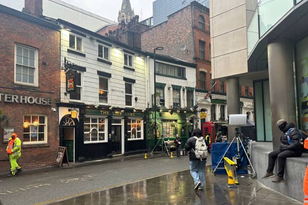 Picture by Milly Harrison of filming taking place in Manchester for BBC comedy Black Ops.