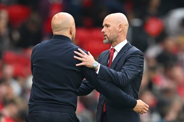  Erik ten Hag, then Manager of Manchester United, interacts with Arne Slot, Manager of Liverpool, after the Premier League match between Manchester United FC and Liverpool FC at Old Trafford on September 01, 2024 in Manchester, England.