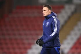 Phil Jones, Academy Coach of Manchester United looks on prior to the The FA Youth Cup 5th Round match between Manchester United and Chelsea  at Leigh Sports Village on February 12, 2025 in Leigh, England.