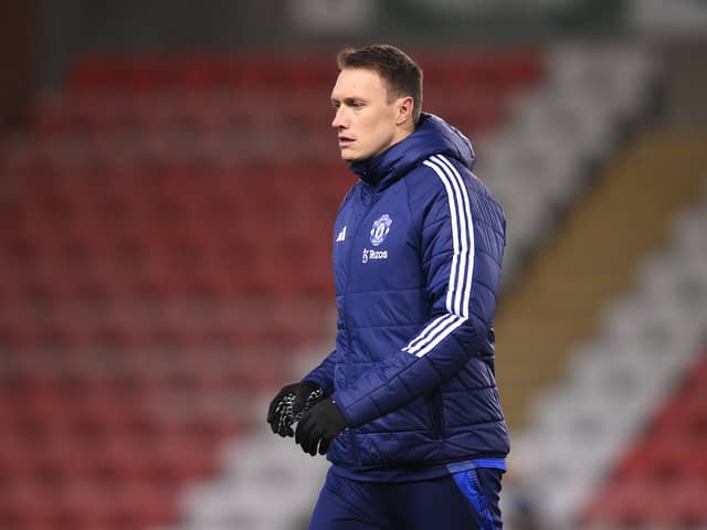 Phil Jones, Academy Coach of Manchester United looks on prior to the The FA Youth Cup 5th Round match between Manchester United and Chelsea  at Leigh Sports Village on February 12, 2025 in Leigh, England.