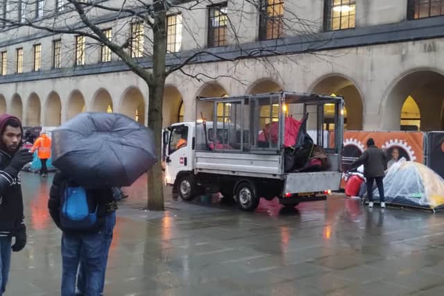 Some tents were thrown into a bin lorry, but they were already abandoned, a spokesperson for the council said