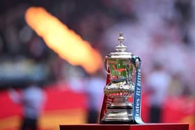 The FA Cup Trophy is pictured prior to the English FA Cup final football match between Manchester City and Manchester United at Wembley stadium, in London, on May 25, 2024.
