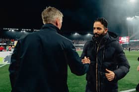 Manager Kieran McKenna of Ipswich Town greets Head Coach Ruben Amorim of Manchester United ahead of the Premier League match between Ipswich Town FC and Manchester United FC 