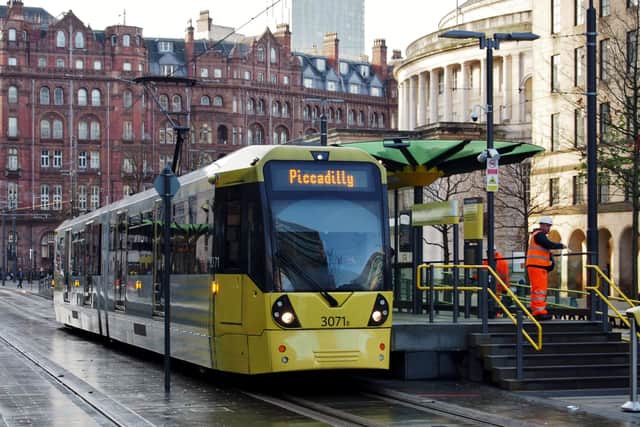 Manchester tram to Piccadilly at St Peter's Square