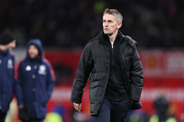 Kieran McKenna, Manager of Ipswich Town, looks dejected after the Premier League match between Manchester United FC and Ipswich Town FC at Old Trafford on February 26, 2025 in Manchester, England. 