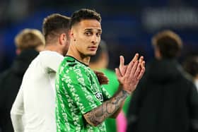 Antony of Real Betis acknowledges the fans after the LaLiga match between Getafe CF and Real Betis Balompie at Coliseum Alfonso Perez on February 23, 2025 in Getafe, Spain. 