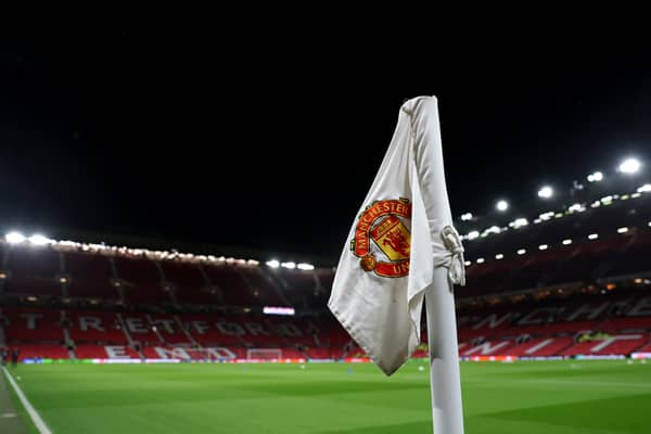 A general view of a Manchester United corner flag on the pitch ahead of the UEFA Europa League 2024/25 League Phase MD7 match between Manchester United and Rangers FC at Old Trafford on January 23, 2025 in Manchester, England. 
