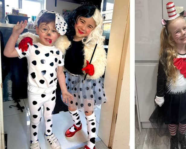 L: Mila age 4 as Cruella & Theodore age 2 as her Dalmatian. R: Grace aged 6 as The Cat in the Hat