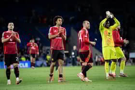 Joshua Zirkzee of Manchester United applauds the fans with his team-mates at the end of the UEFA Europa League 2024/25 Round of 16 First Leg match between Real Sociedad de Futbol and Manchester United at Reale Arena on March 6, 2025 in San Sebastian, Spain. 