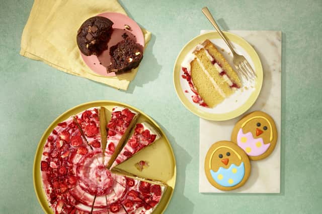 Strawberry Vanilla Cake, Triple Chocolate Muffin, and Iced Gingerbread Biscuits