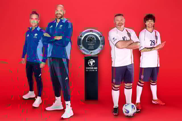 L to R: Robbie Williams, Tyson Fury, Wayne Rooney  and Louis Tomlinson will all be involved in the next Soccer Aid.