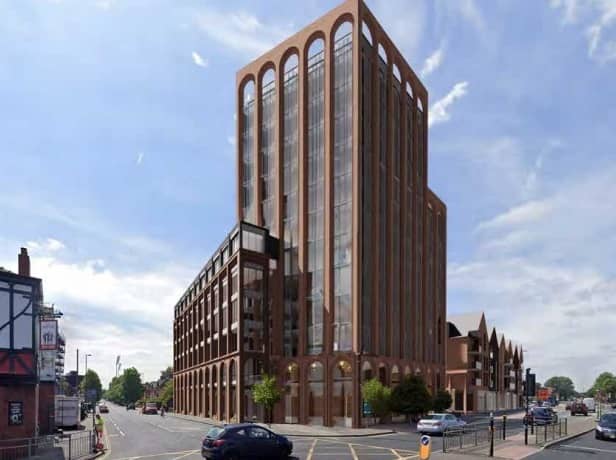 An artist's impression of how the new Novotel in the heart of Old Trafford will look