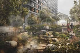 An artist's impression of the first homes and workspaces in Mayfield Park