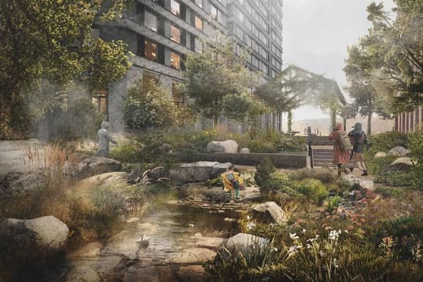 An artist's impression of the first homes and workspaces in Mayfield Park