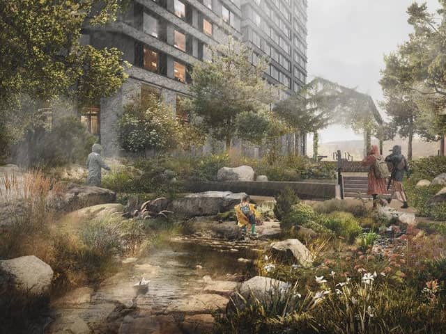 An artist's impression of the first homes and workspaces in Mayfield Park