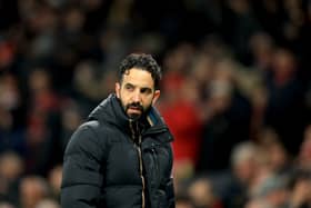 Ruben Amorim, Head Coach of Manchester United, during the UEFA Europa League 2024/25 Round of 16 Second Leg match between Manchester United and Real Sociedad de Futbol at Old Trafford on March 13, 2025 in Manchester, England.
