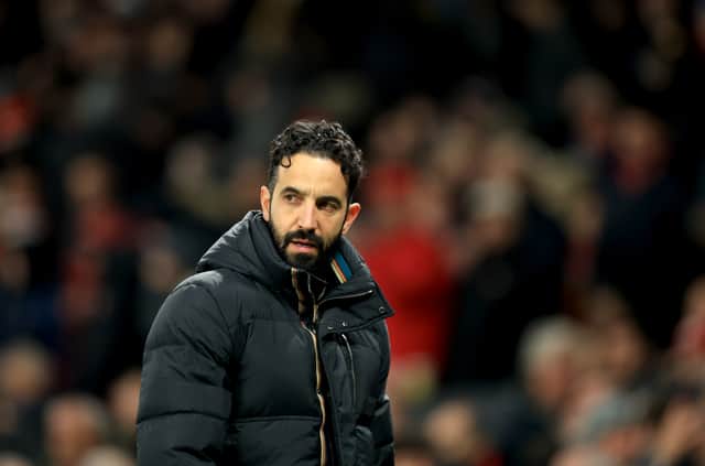 Ruben Amorim, Head Coach of Manchester United, during the UEFA Europa League 2024/25 Round of 16 Second Leg match between Manchester United and Real Sociedad de Futbol at Old Trafford on March 13, 2025 in Manchester, England.