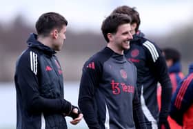 Mason Mount of Manchester United looks on during the UEFA Europa League 2024/25 Round of 16 training session at Carrington Training Ground on March 12, 2025 in Manchester, England.