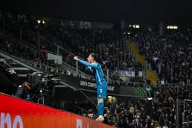Antony of Real Betis celebrates scoring his team's third goal during the UEFA Conference League 2024/25 Round of 16 Second Leg match between Vitoria SC and Real Betis Balompie at Estadio D. Afonso Henriques on March 13, 2025 in Guimaraes, Portugal. 