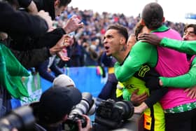 Antony of Real Betis celebrates after Cucho Hernandez of Real Betis (not pictured) scores his team's third goal during the LaLiga match between CD Leganes and Real Betis Balompie at Estadio Municipal de Butarque on March 16, 2025 in Leganes, Spain. 
