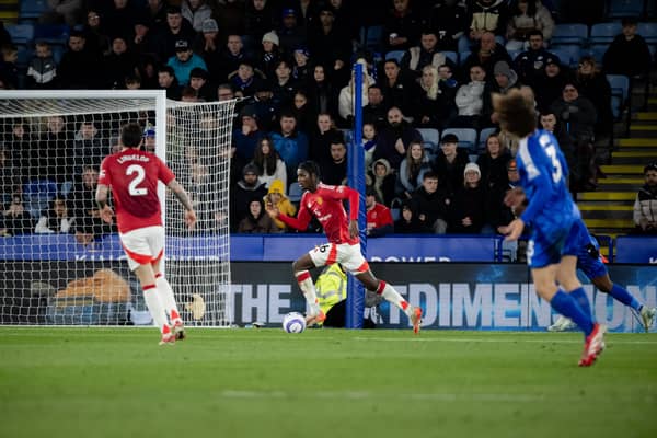 Ayden Heaven of Manchester United in action during the Premier League match between Leicester City FC and Manchester United FC at The King Power Stadium on March 16, 2025 in Leicester, England. 