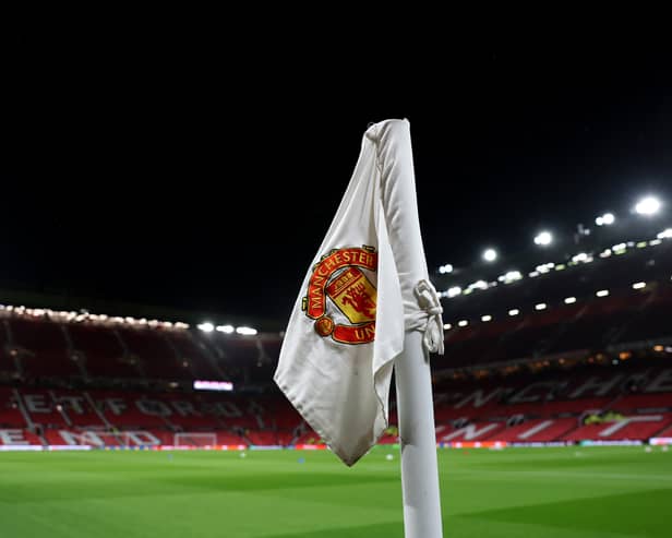 A general view of a Manchester United corner flag on the pitch ahead of the UEFA Europa League 2024/25 League Phase MD7 match between Manchester United and Rangers FC at Old Trafford on January 23, 2025 in Manchester, England.